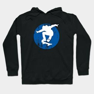 Grunge Urban Skateboarder Graffiti Style - White Silhouette with Blue Background Hoodie